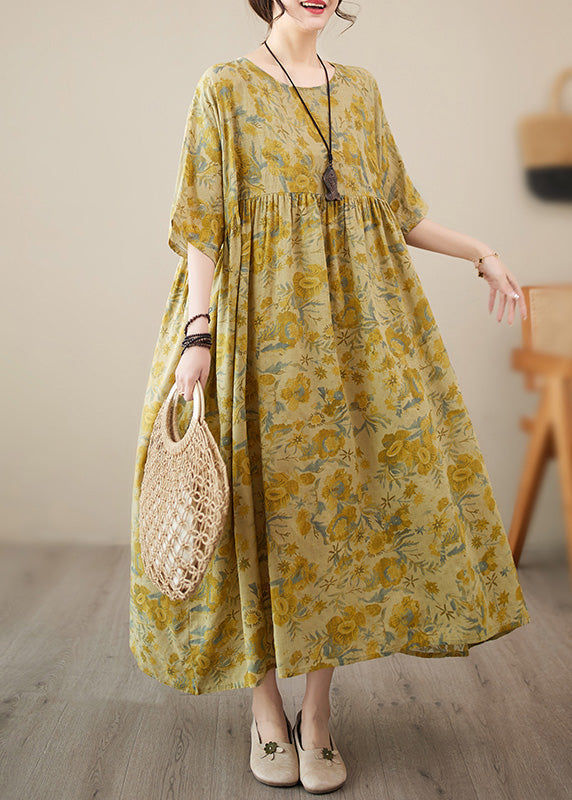 Floral Print Round Neck Dropped Shoulder Elbow Sleeve Dress
