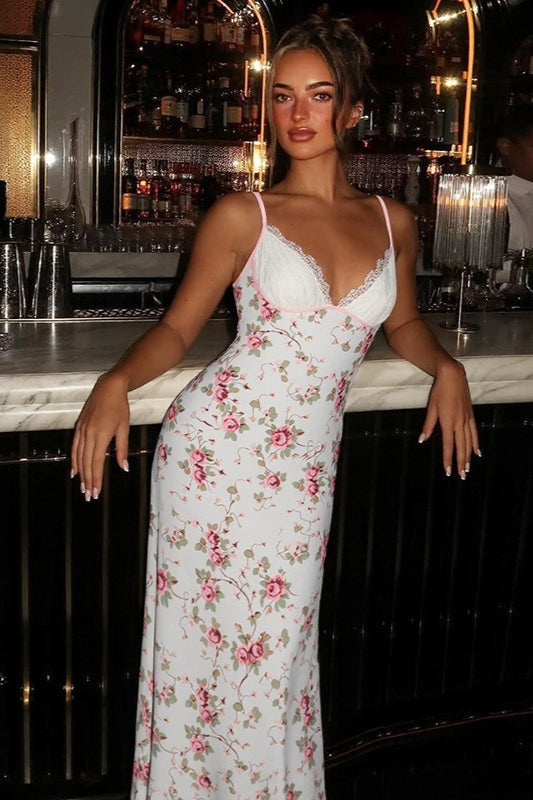 Floral Spaghetti Strap Lace Trim Sweetheart Slip Maxi Dress