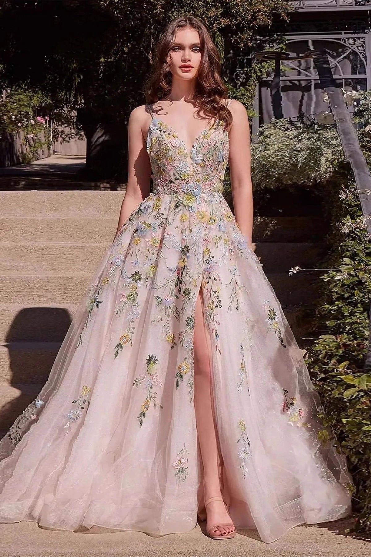 Floral Spaghetti Strap Deep V-Neck High Split A-Line Prom Gown