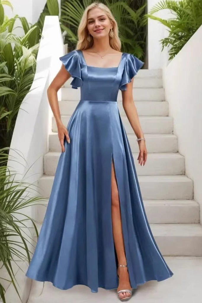 Satin Square Neck Flutter Sleeve High Split A-Line Maxi Dress