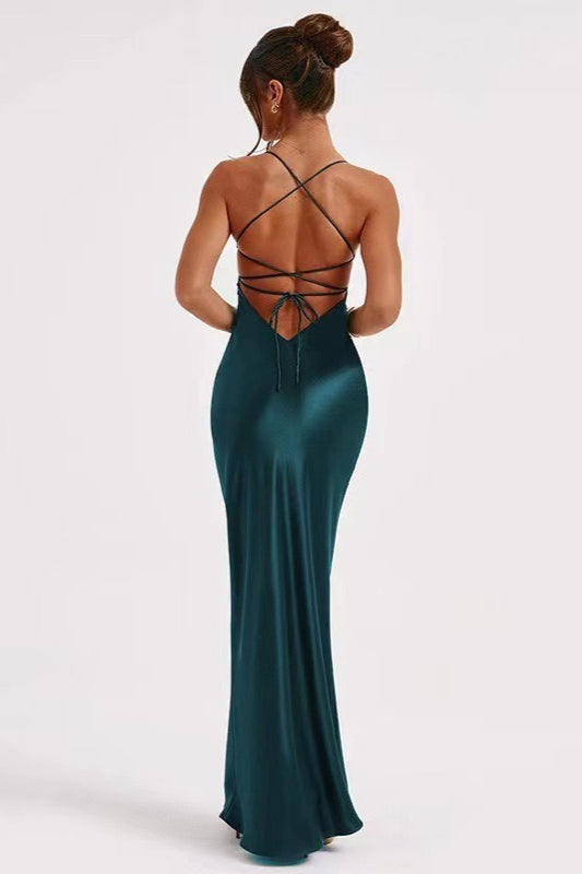 Satin Scoop Neck Spaghetti Strap Lace Up Back Bias Cut Slip Maxi Dress - View 12