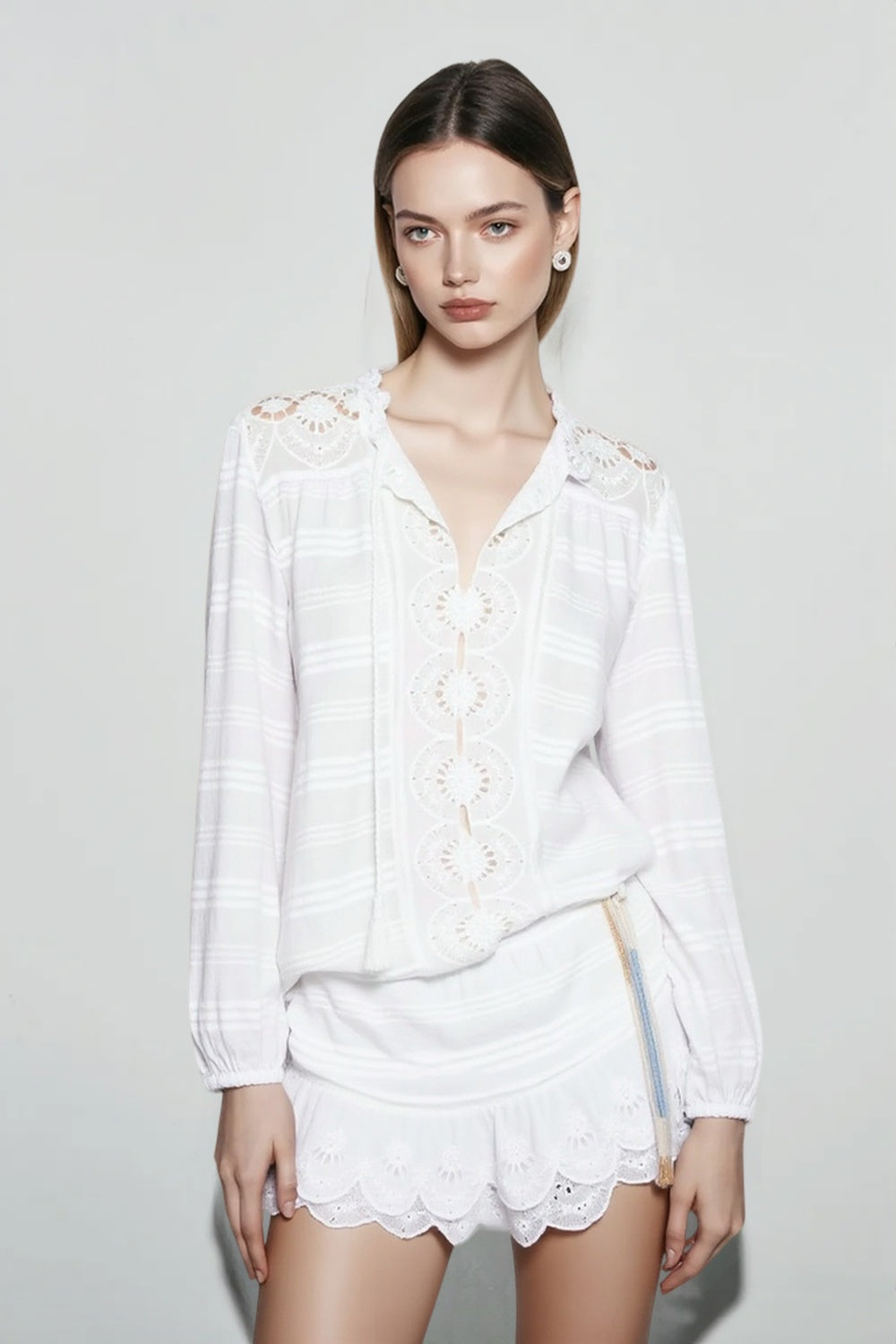 Crochet Trim Long Sleeve Smocked Waist Eyelet Hem Mini Dress 3