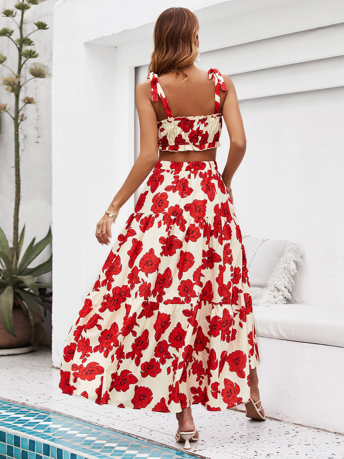 Skirt Tie Tiered Top With Full-Length Flowered Shoulder