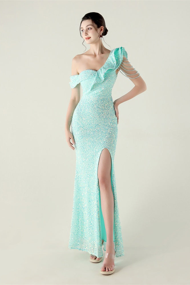 Sequin One Shoulder Ruffle High Split Mermaid Gown in Red - View 19