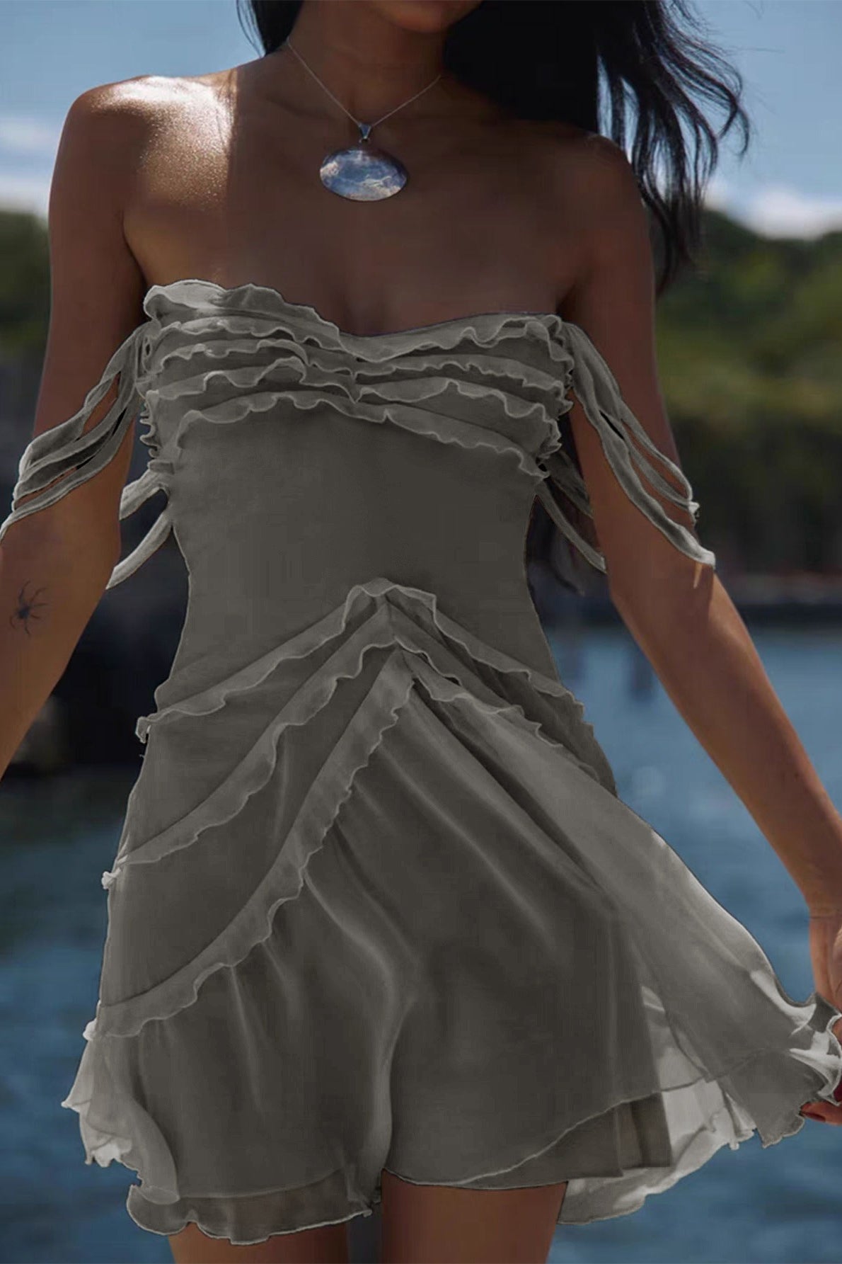 Sheer Mesh Off Shoulder Ruffle Ruched Bodycon Mini Dress - View 6