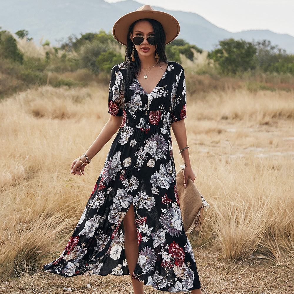 V-Neck Button Front Smocked Drawstring Waist Maxi Dress