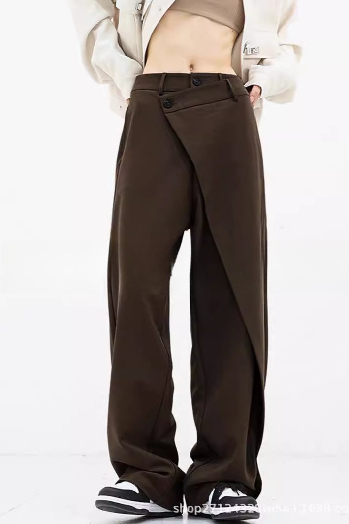 Asymmetric Layered Button Loose Wide Leg Pants-1