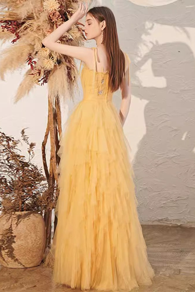Tulle Spaghetti Strap Square Neck Tiered Ruffle Maxi Prom Dress - View 7