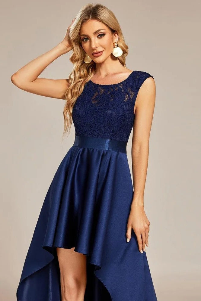 Lace Scoop Neck Cap Sleeve Satin High Low Dress - View 6