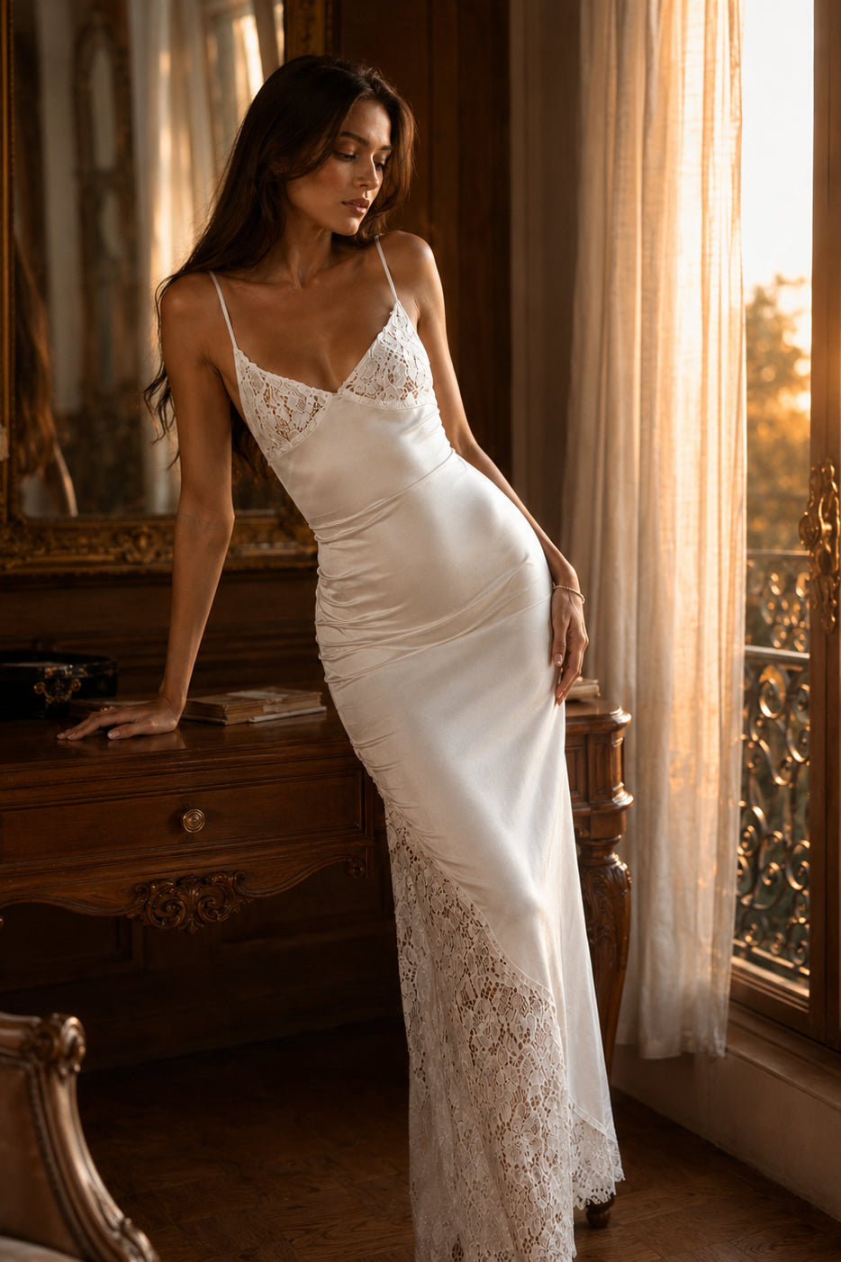 Deep V-Neck Lace Trim Satin Bias Slip Maxi Dress
