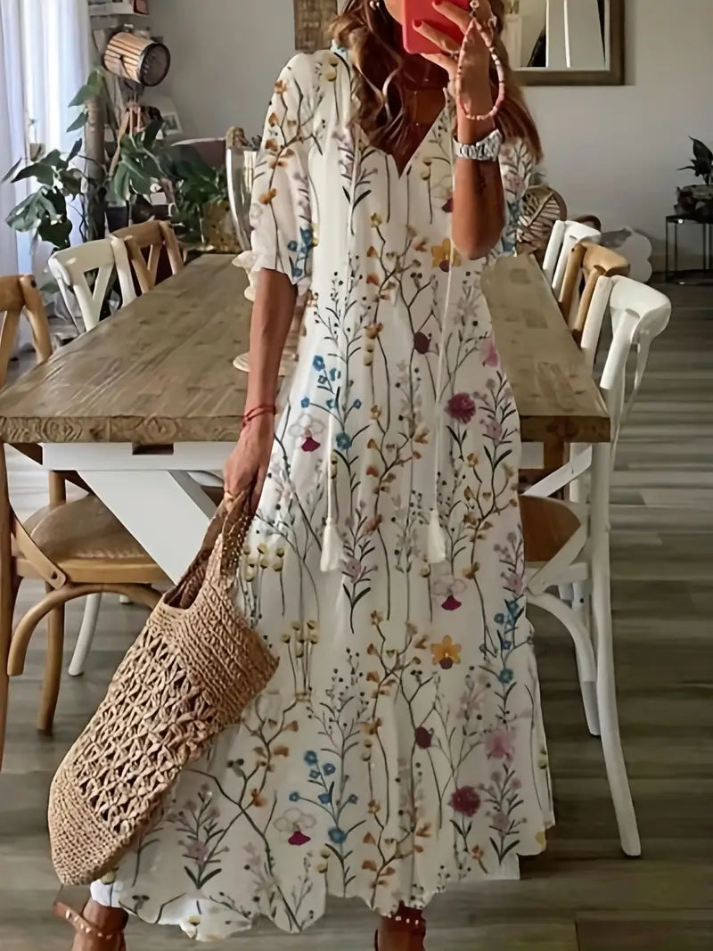 Floral Print Tassel Tie V-Neck Short Sleeve Flowy Maxi Summer Dress