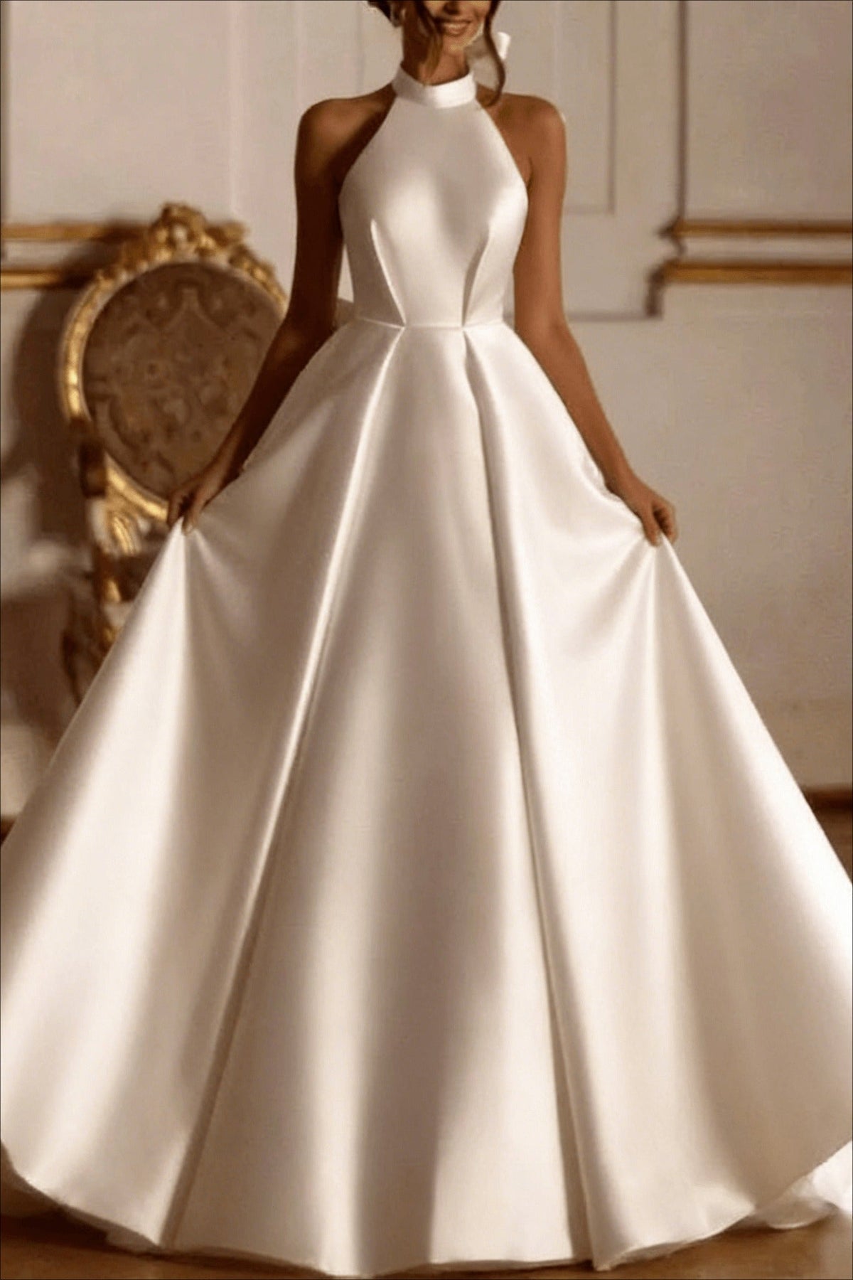 Satin Halter Backless Oversized Bow Ball Gown Wedding Dress - View 3