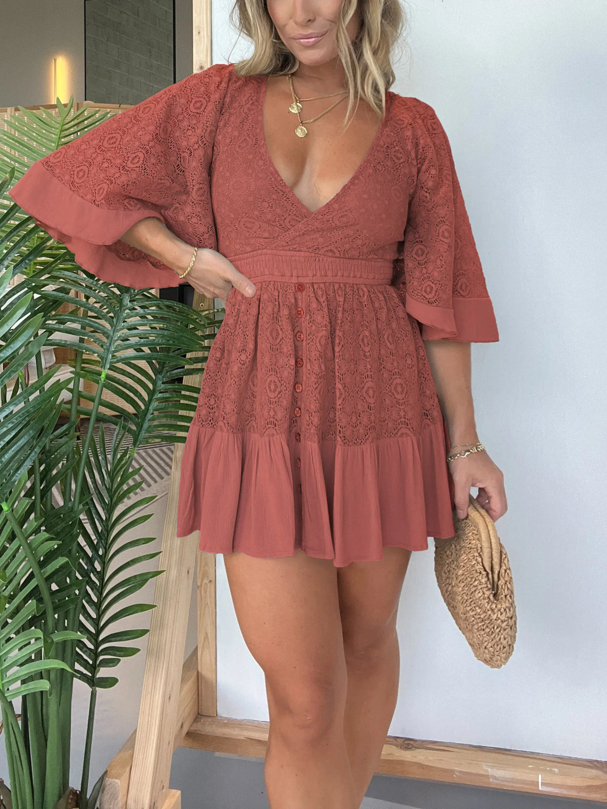 Lace Wrap V-Neck Smocked Waist Button Front Ruffle Mini Dress - View 2