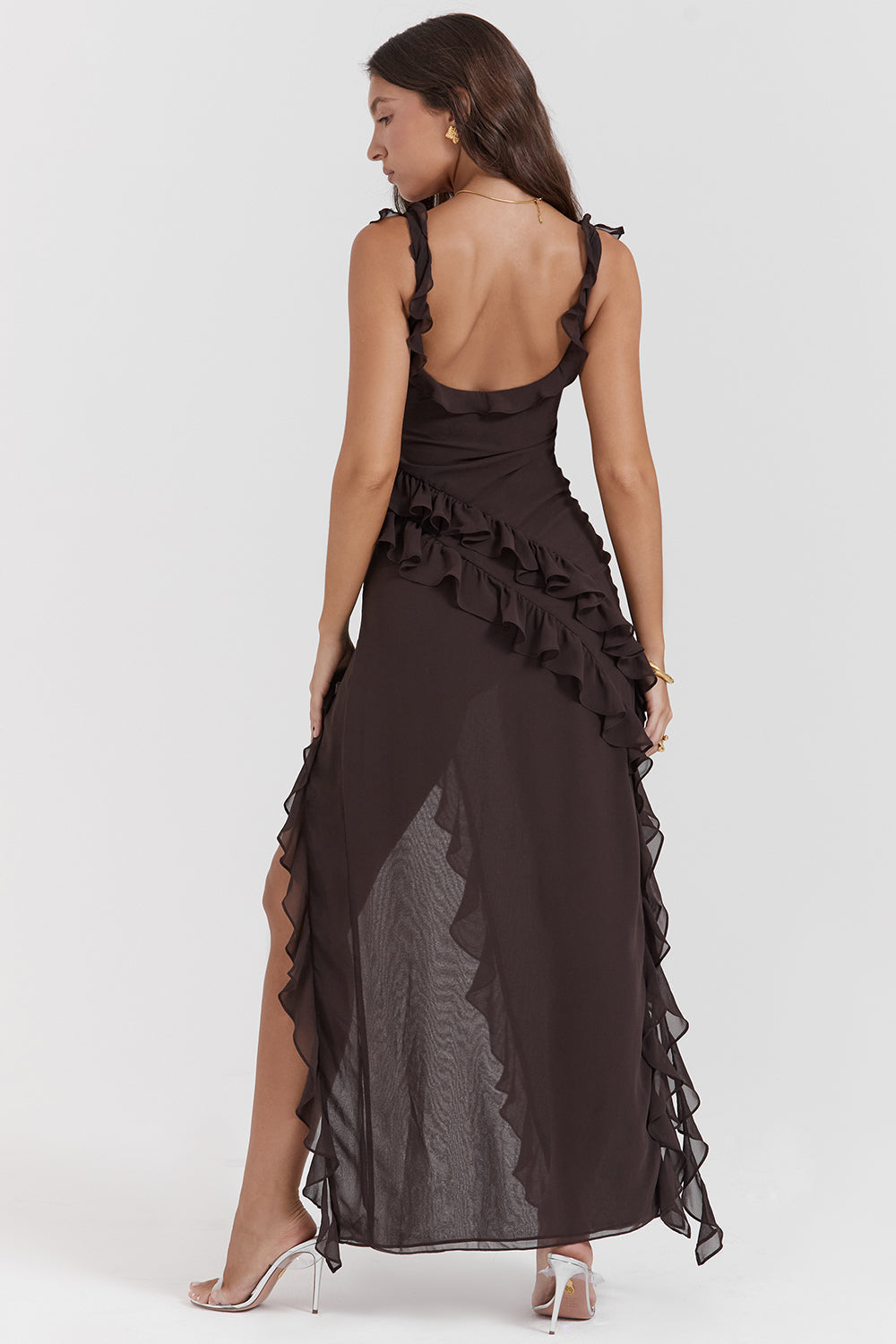 Square Neck Ruffle Strap High Split Ruffle Trim Maxi Gown 31