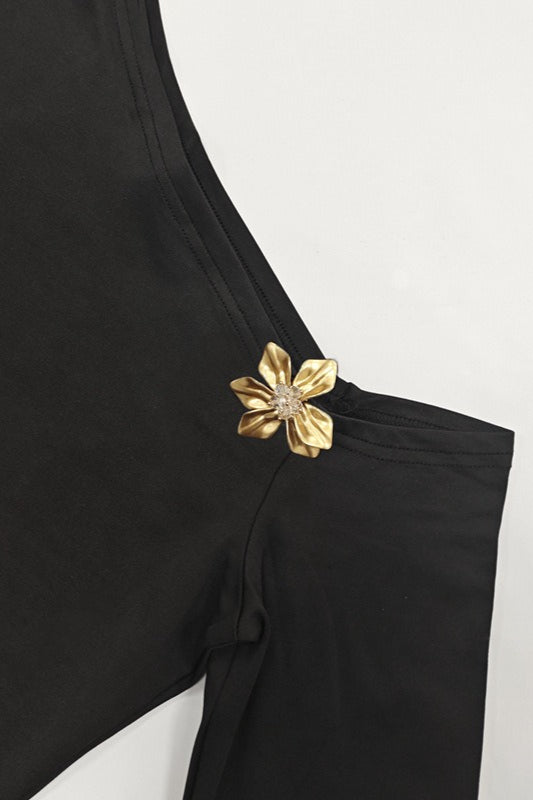 One Shoulder Metal Detail Flared Sleeve Top High Waist