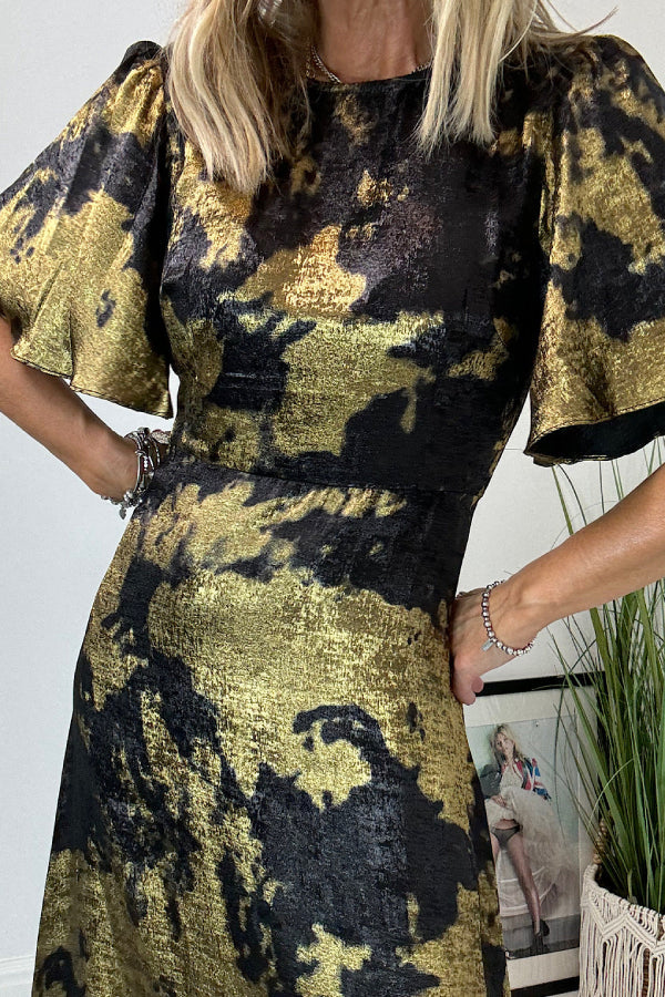 Metallic Marble Print Crew Neck Flutter Sleeve A-Line Maxi Gown - View 4