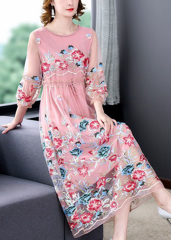 Floral Embroidery Mesh Overlay Bishop Sleeve A-Line Midi Dress - View 3