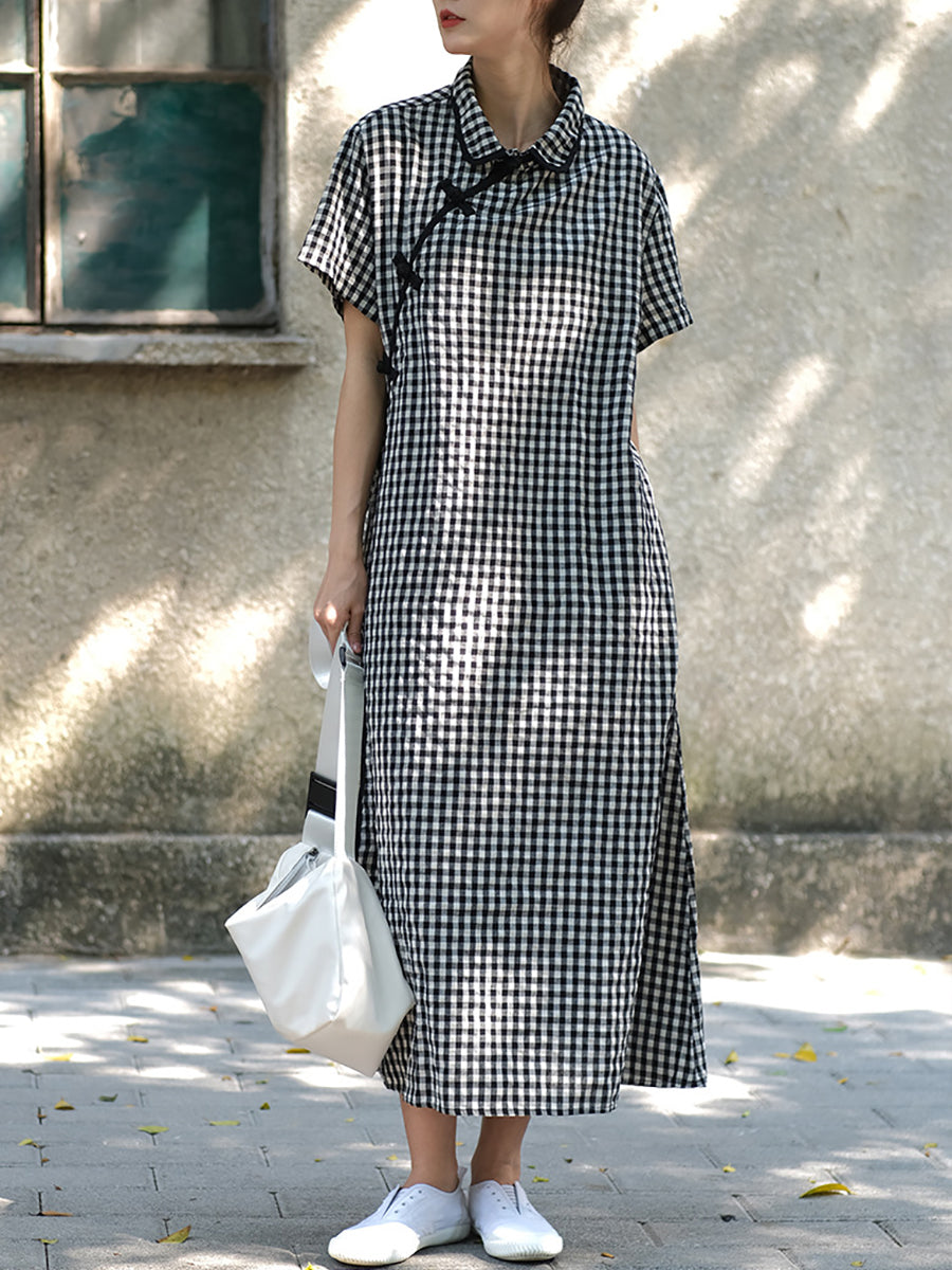 Gingham Check Mandarin Collar Frog Button Short Sleeve Maxi Dress