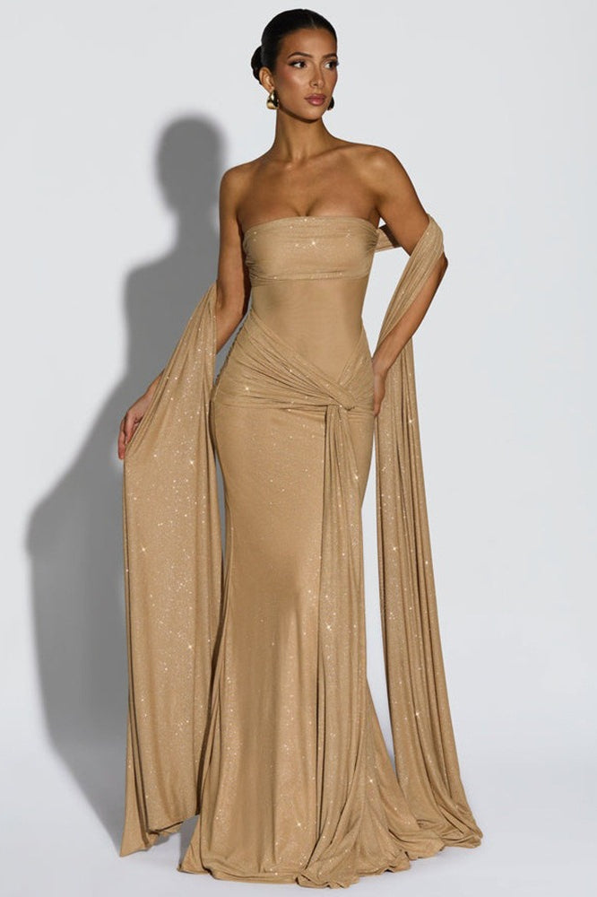 Strapless Draped Sash Shimmer Ruched Mermaid Maxi Gown