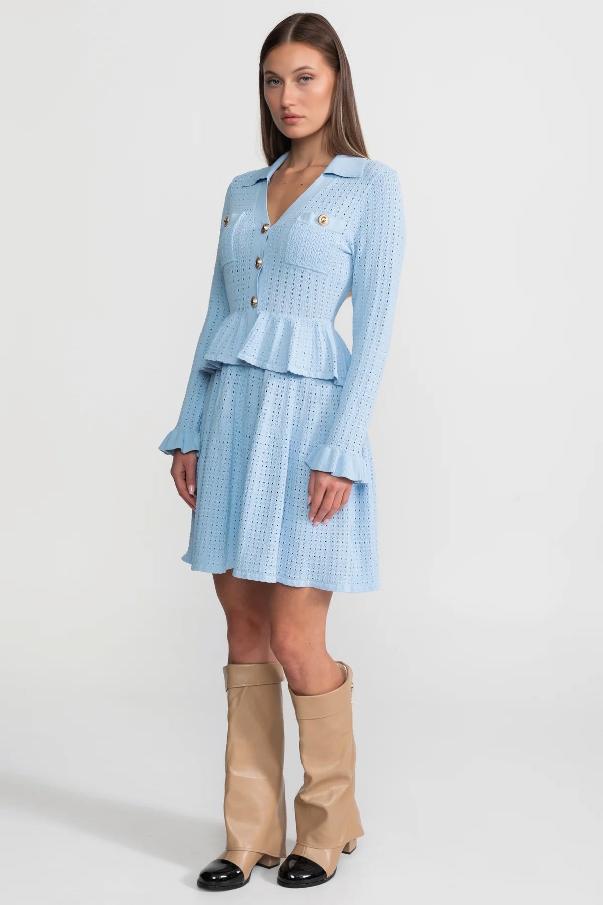 Knit Mini Dress with Peplum Waist and Gold Button Detail - Light Blue - View 4