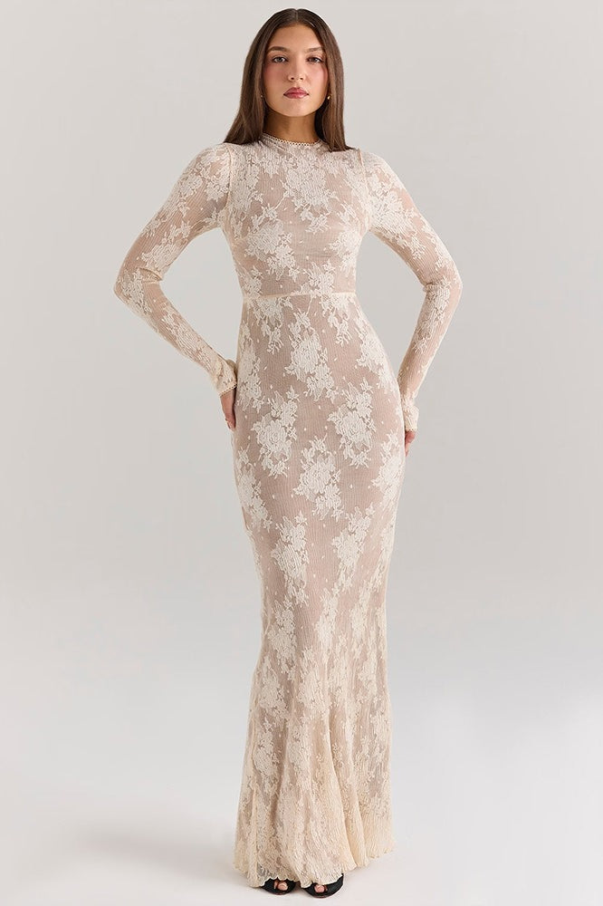 Crew Neck Long Sleeve Sheer Lace Mermaid Maxi Dress 2