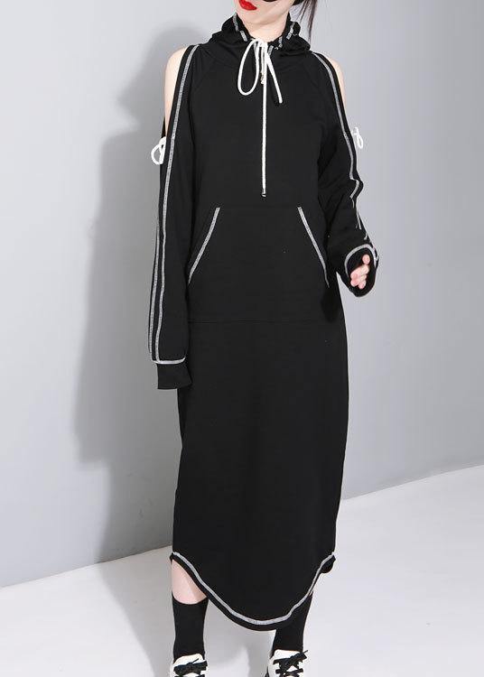 Cold Shoulder Hooded Long Sleeve Kangaroo Pocket Maxi Dress