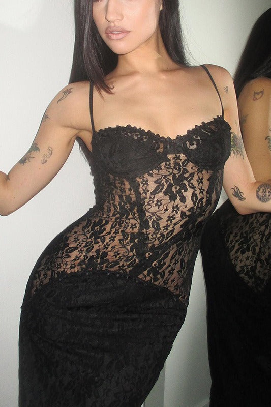 Sheer Lace Corset Sweetheart Spaghetti Strap Column Maxi Gown - View 2
