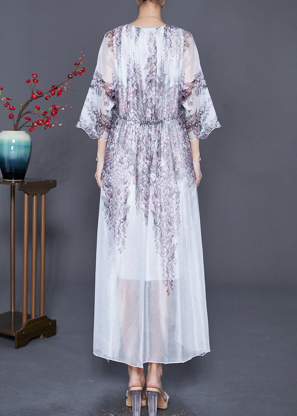 Wisteria Floral Print Sheer Chiffon Three Quarter Maxi Dress - View 4
