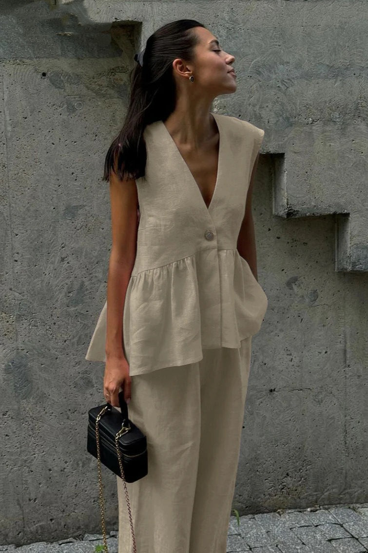 Cotton V Neck Sleeveless Vest Pants Two Piece Set