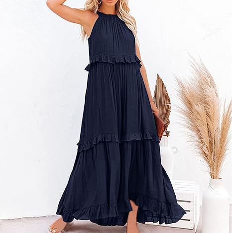 Halter Neck Sleeveless Tiered Ruffle Flowy Maxi Summer Dress - View 2