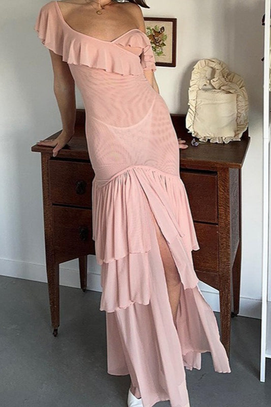 One Shoulder Ruffle High Split Tiered Maxi Dress - View 2