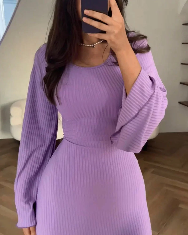 Scoop Neck Bell Sleeve Ribbed Knit Bodycon Maxi Dress - View 10