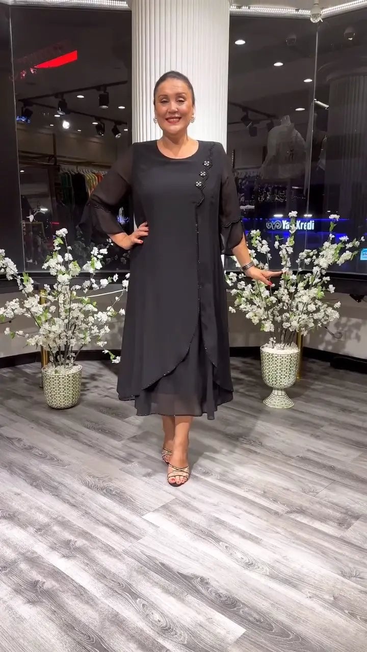 Chiffon Floral Applique Bell Sleeve A-Line Midi Dress - View 8