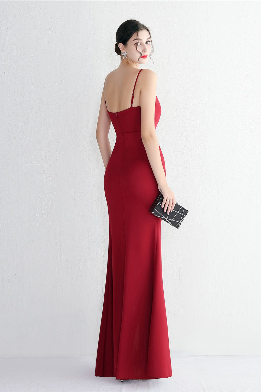 Satin Spaghetti Strap V-Neck Ruched High Split Maxi Gown - View 24