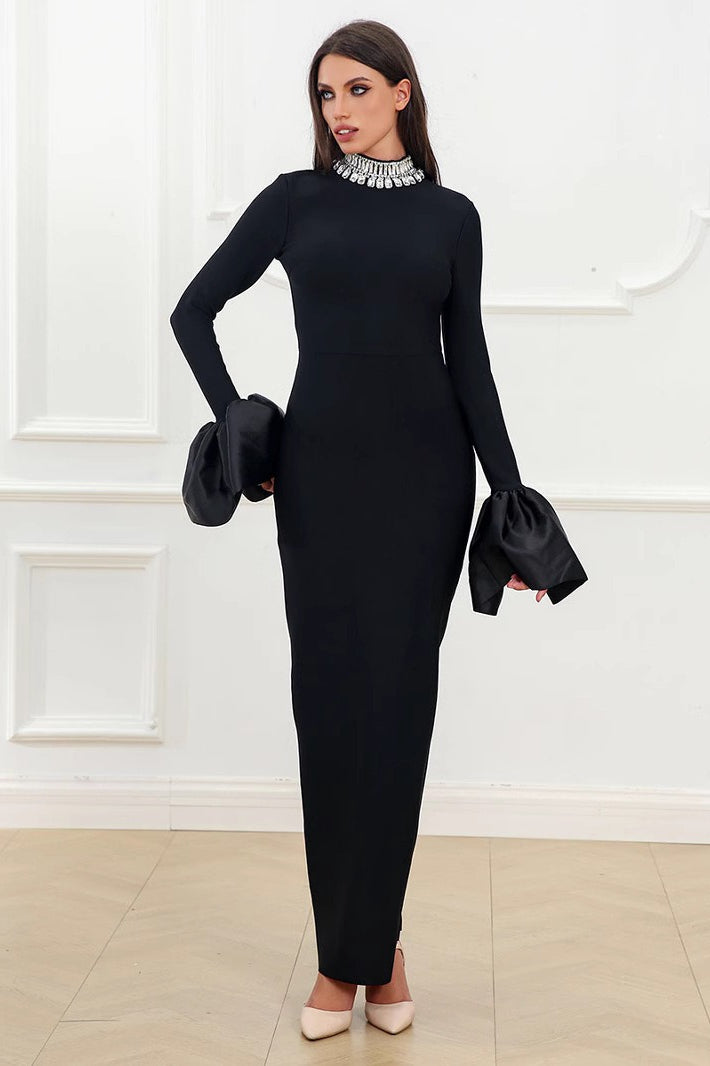 Rhinestone High Neck Puff Sleeve Bodycon Maxi Dress - View 5