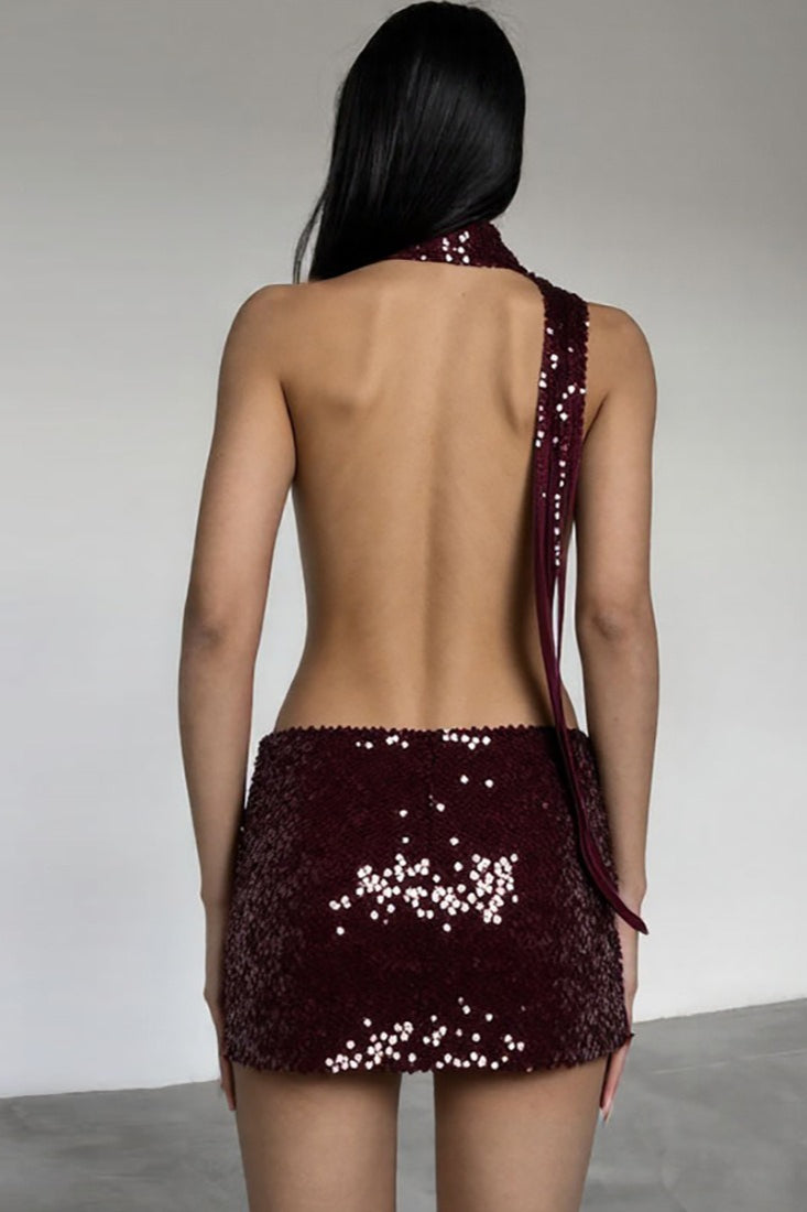 Sequin Halter Neck Plunge Backless Asymmetric Hem Mini Dress - View 4