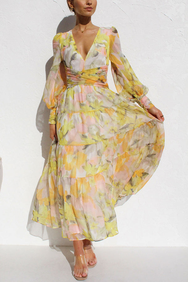 Abstract Floral Print Deep V-Neck Bishop Sleeve Tiered Maxi Dress - View 6