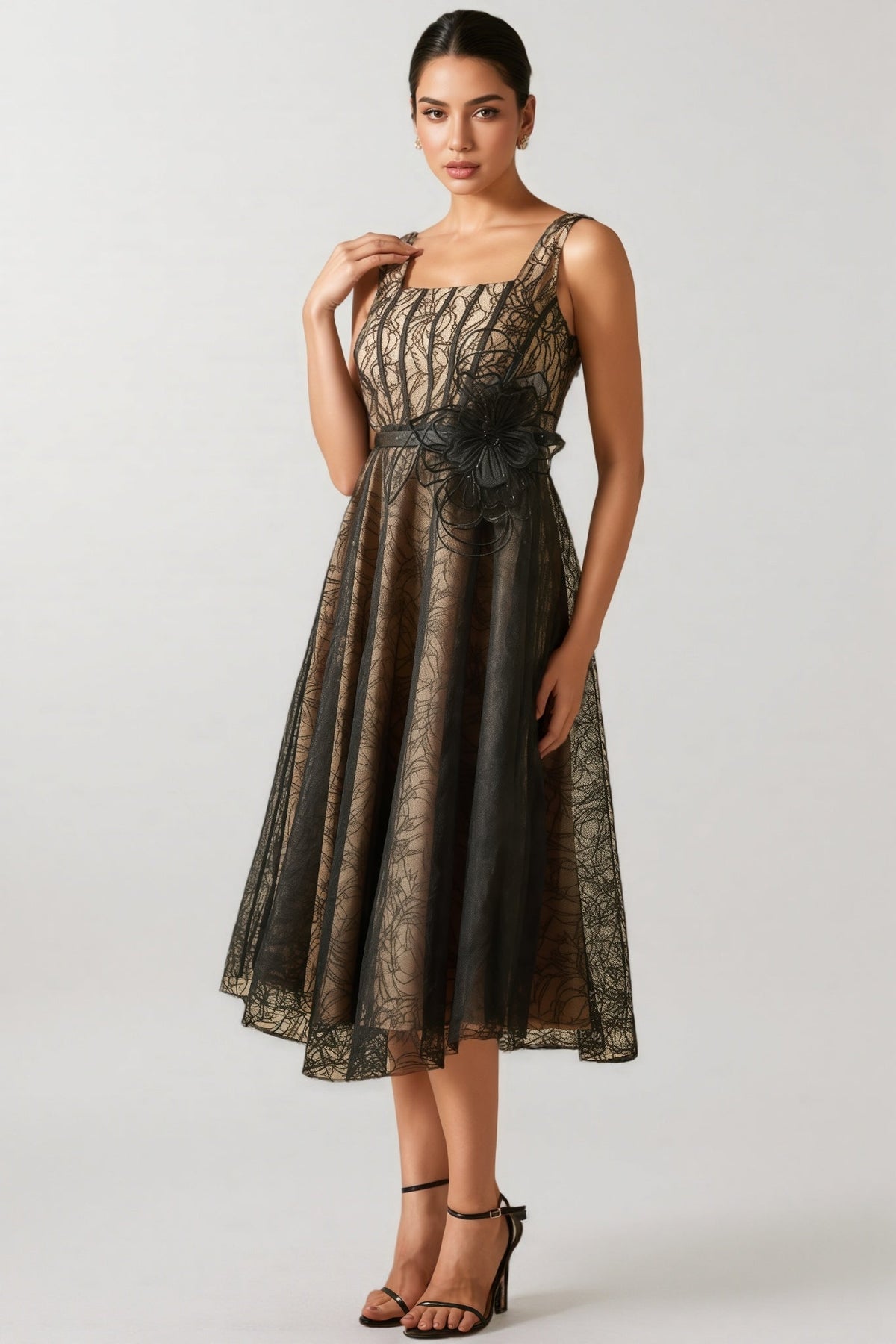 Floral Lace Square Neck Fit and Flare Midi Dress - View 4