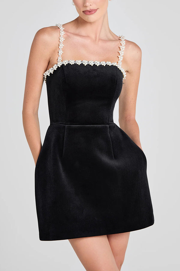 Sweet Poetry Velvet Pearl Trim Straps Pocketed Tulip Style Mini Dress - View 2