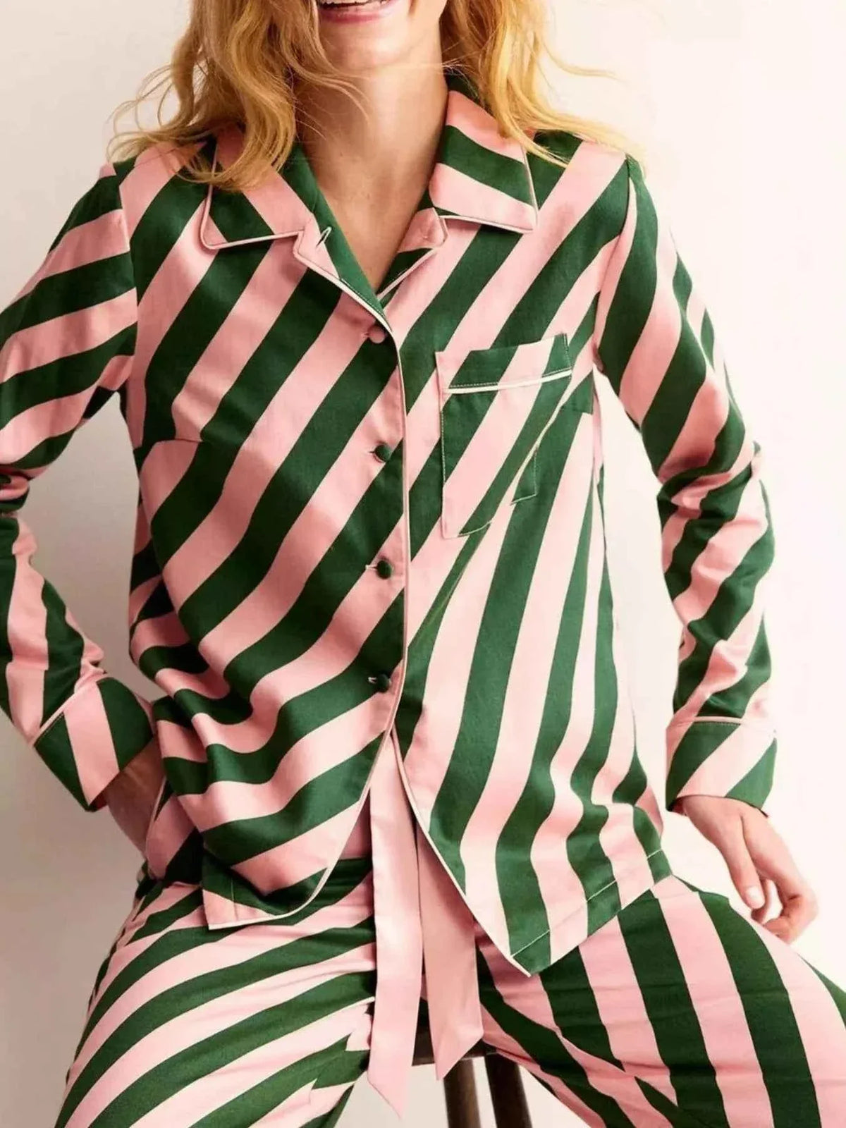Striped Long Sleeve Shirt and Pants Lounge Set