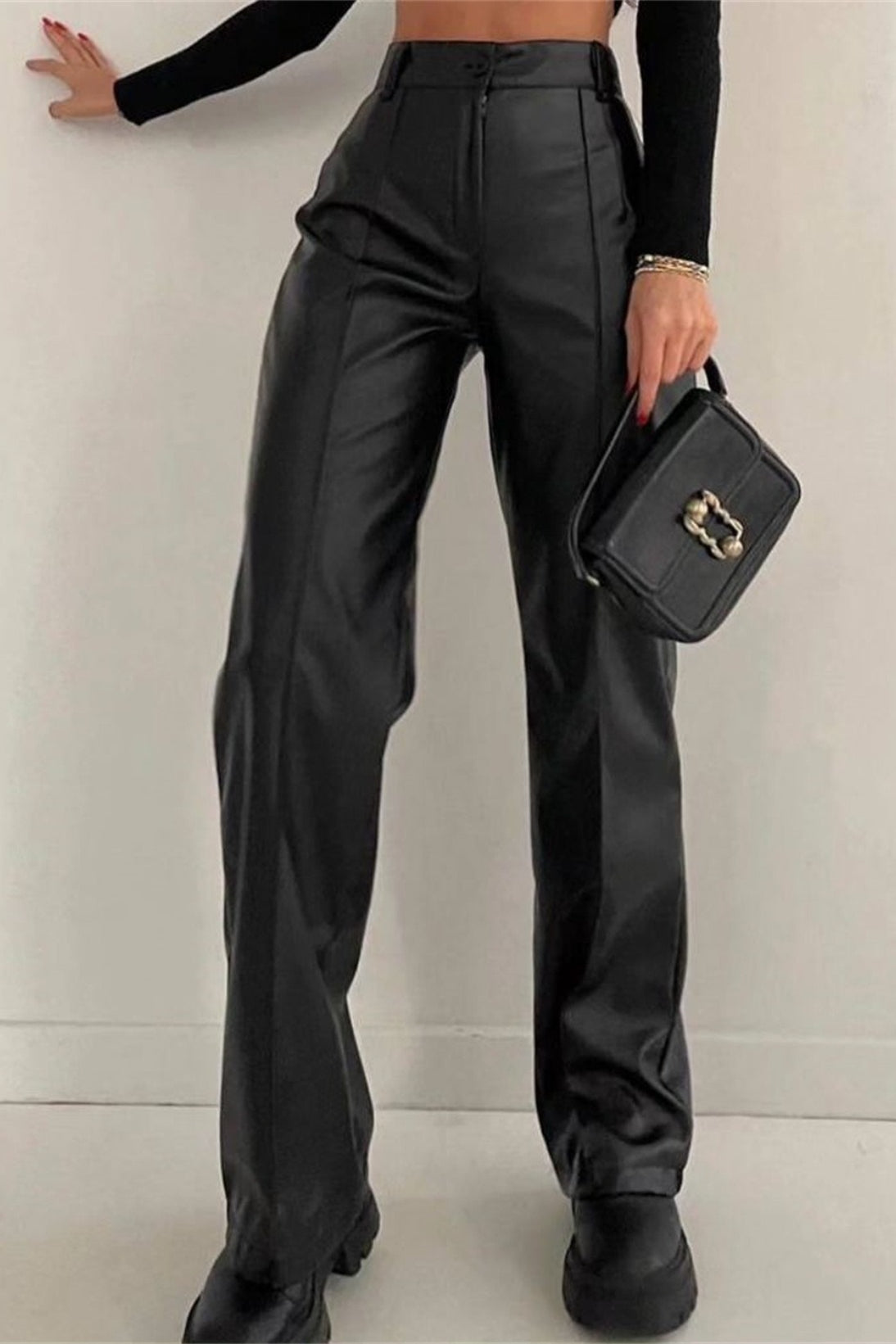 Slim Fit PU Edgy Straight Leg Fashion Pants