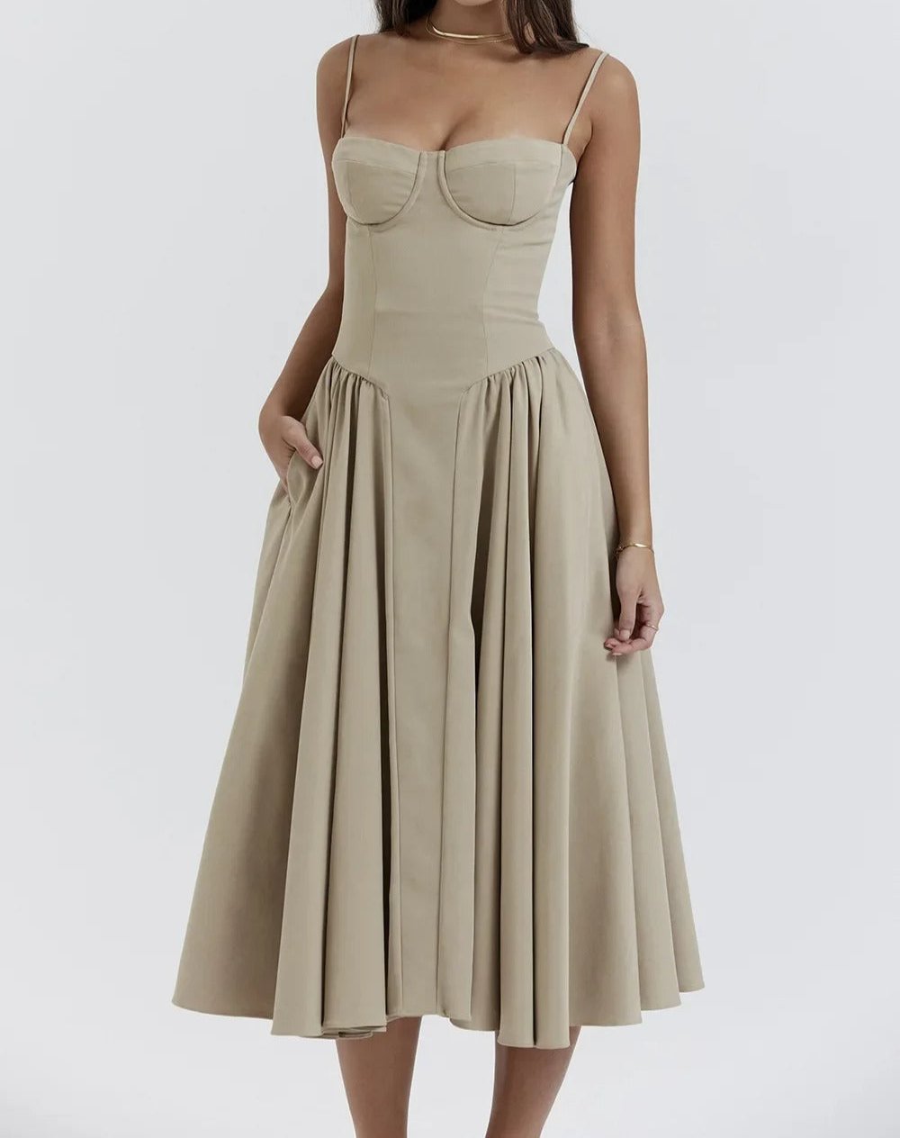 Spaghetti Strap Sweetheart Corset Fit and Flare Midi Dress 28