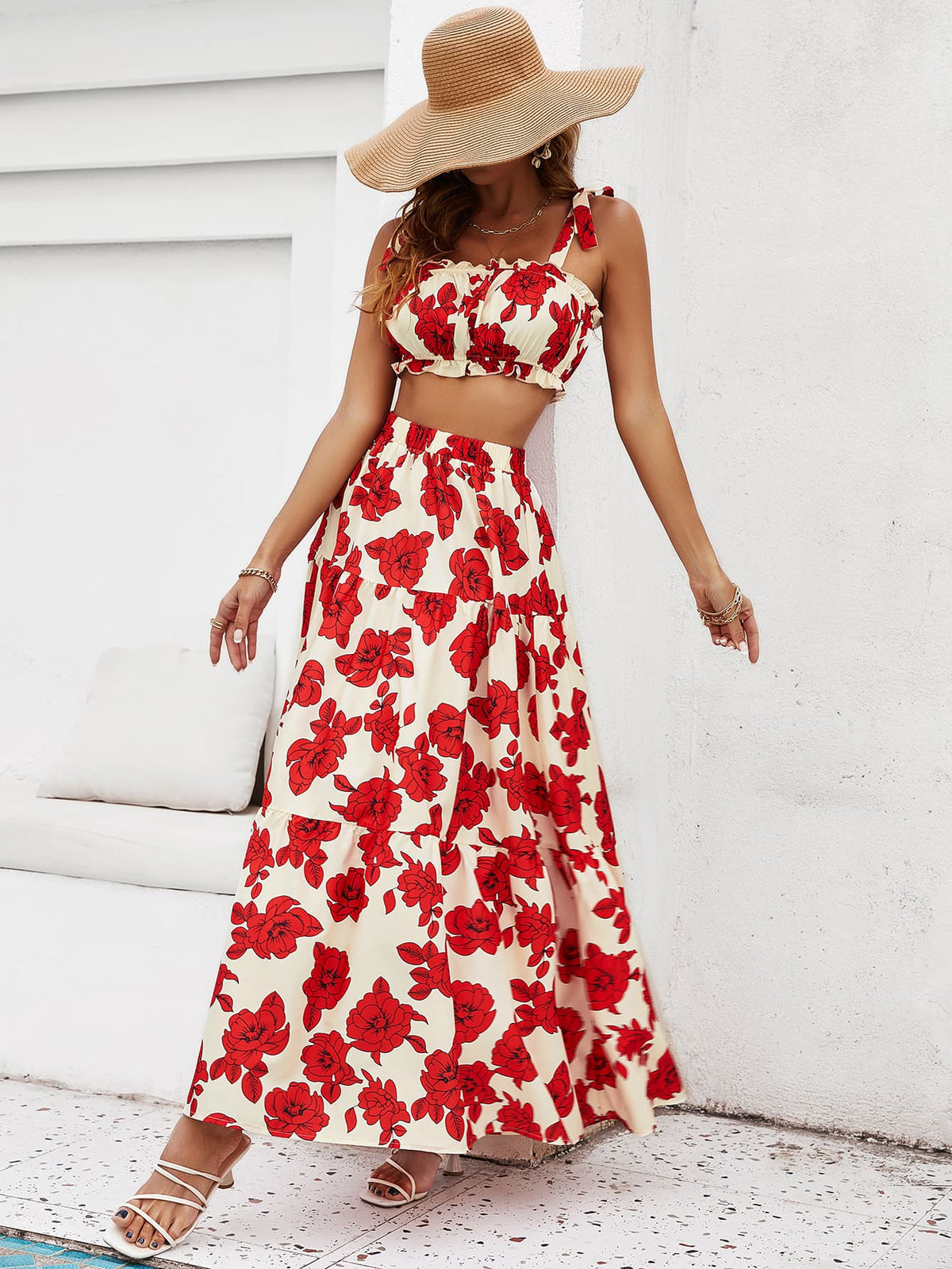 Skirt Tie Tiered Top With Full-Length Flowered Shoulder