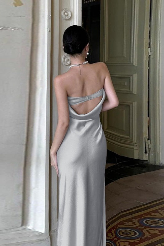 Satin Strapless Ruched Waist Side Drape Floor Length Gown - View 3