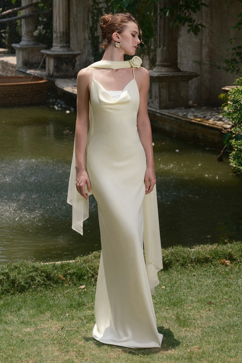 Satin Cowl Neck Spaghetti Strap Draped Rose Neck Wrap Column Gown
