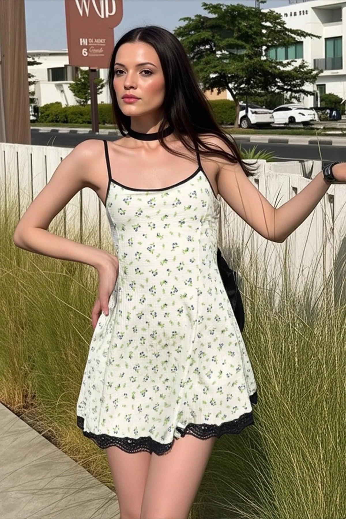 Ditsy Floral Lace Trim Hem Spaghetti Strap Fit and Flare Mini Dress 3