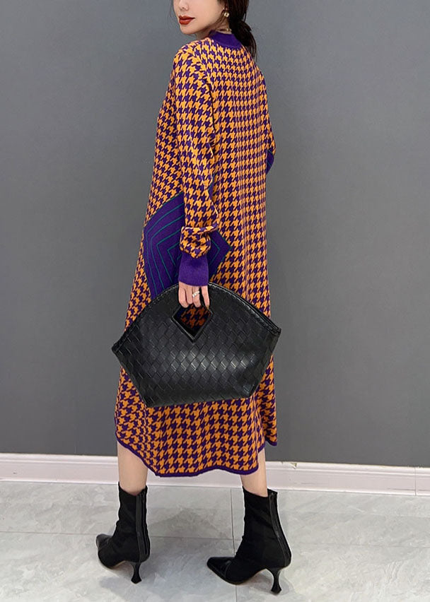 Houndstooth Mock Neck Long Sleeve Side Panel Knit Midi Dress - View 4