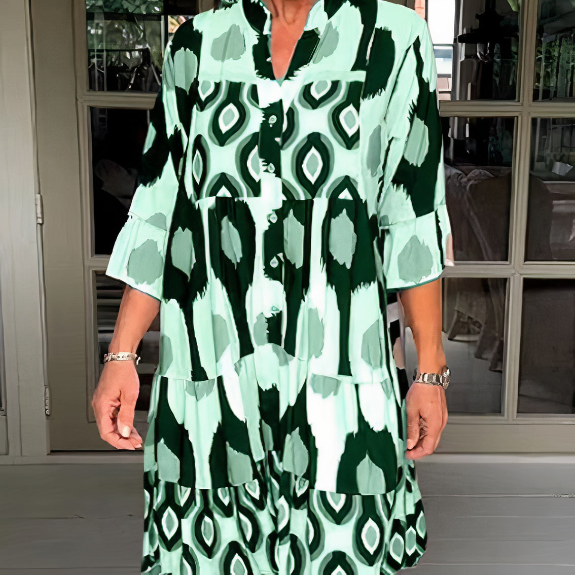 Tiered Mandarin Collar Button Front Three Quarter Sleeve Dress - View 2