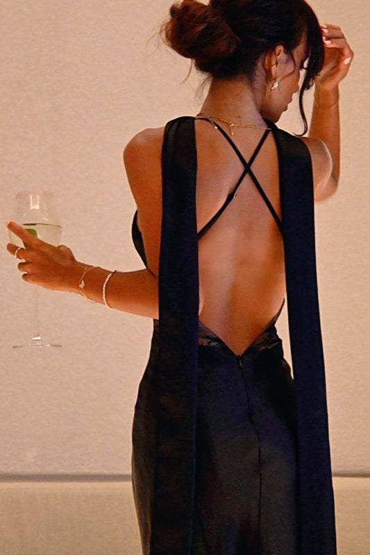 Spaghetti Strap Lace Bust Scarf Neck Satin Slip Maxi Dress 3