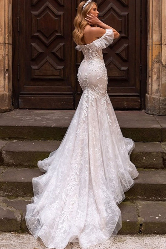 Lace Sweetheart Off Shoulder Ruffle Sleeve Mermaid Train Wedding Gown - View 3